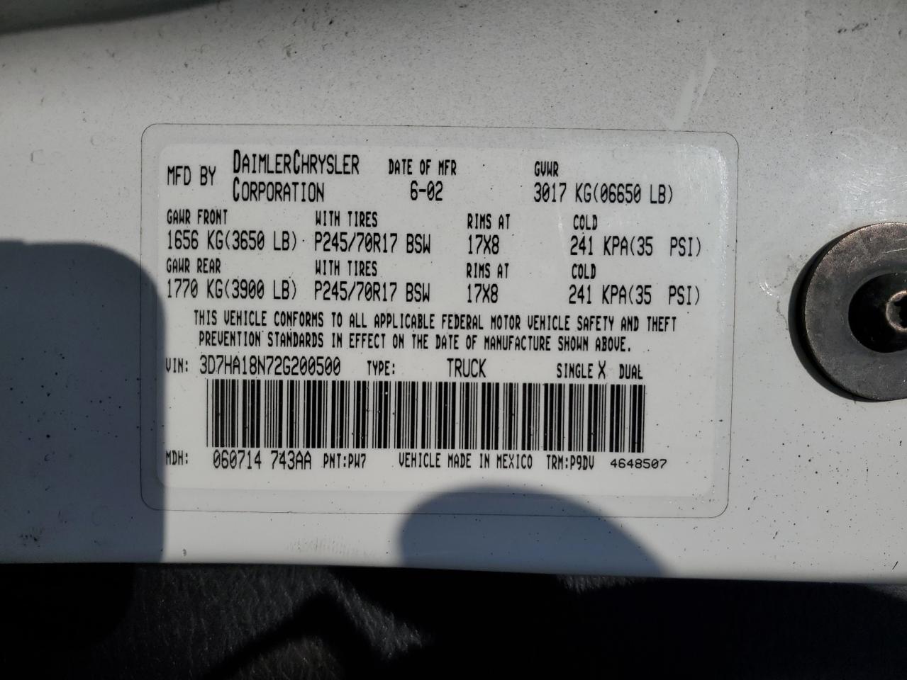 3D7HA18N72G200500 2002 Dodge Ram 1500