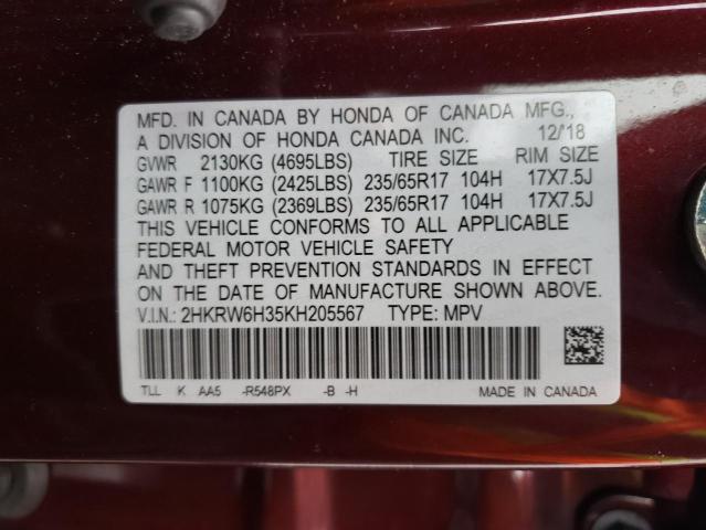 2HKRW6H35KH205567 | 2019 HONDA CR-V LX