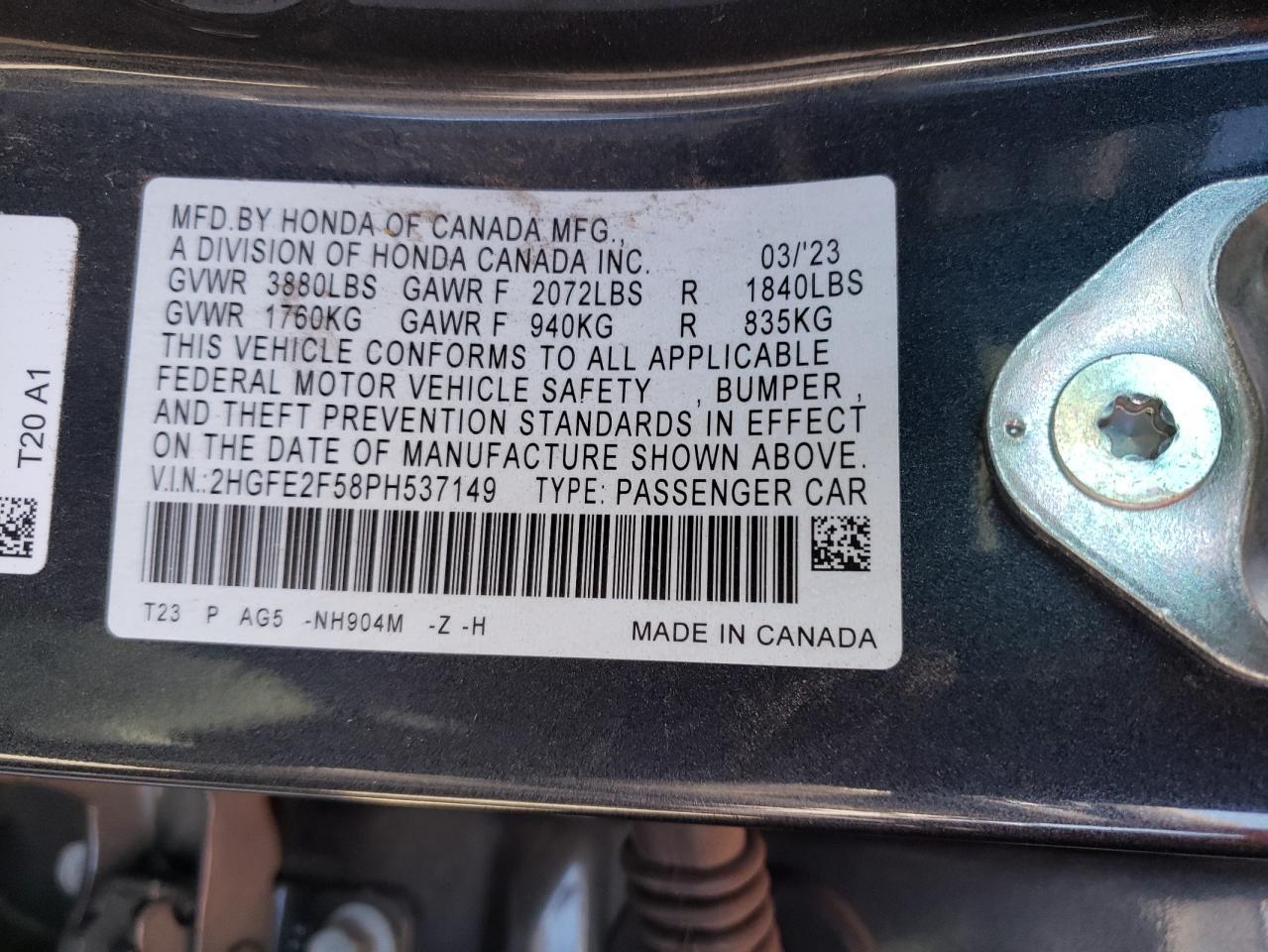 VIN: 2HGFE2F58PH537149 2023 HONDA CIVIC