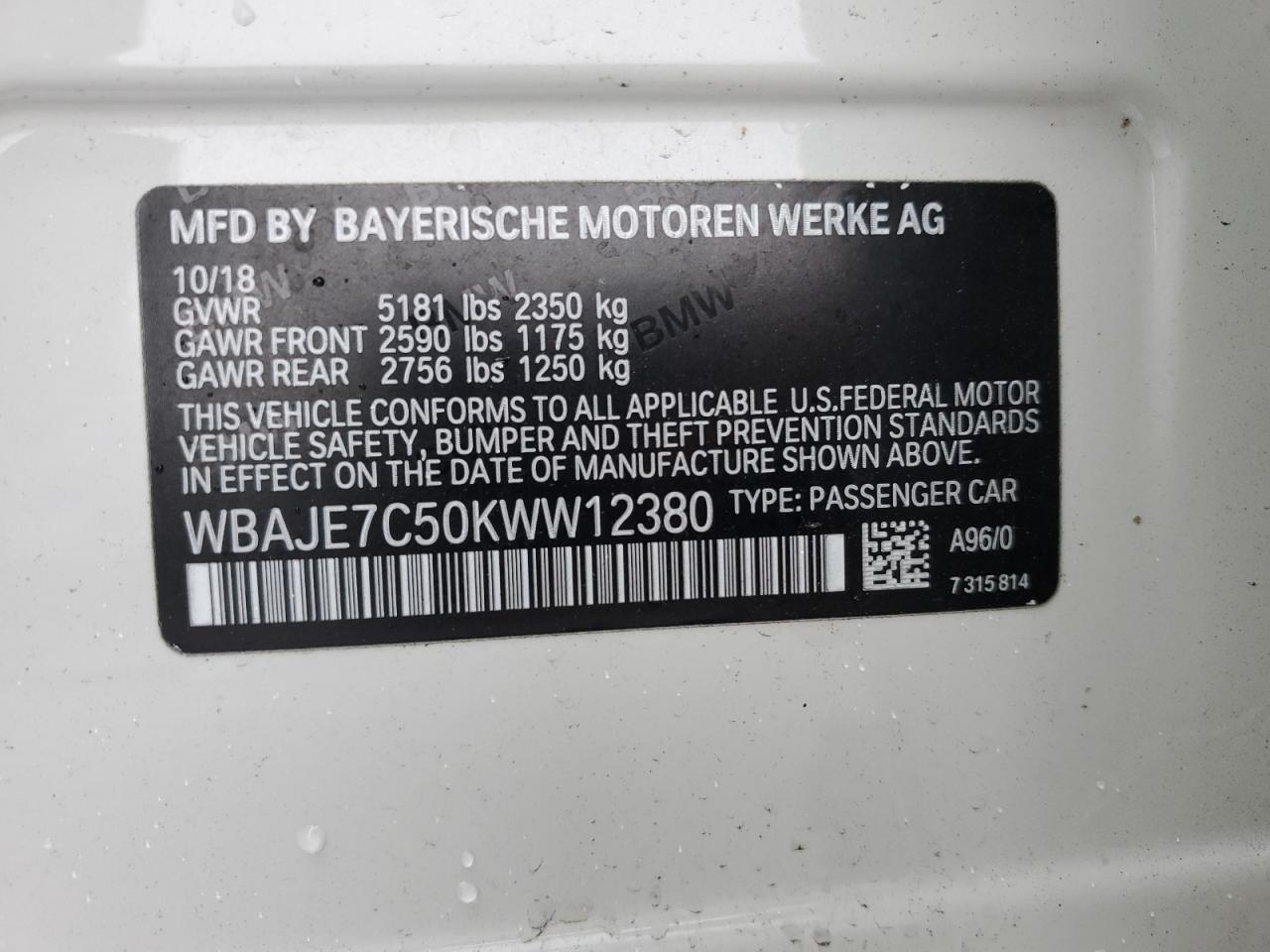 WBAJE7C50KWW12380 2019 BMW 540 Xi