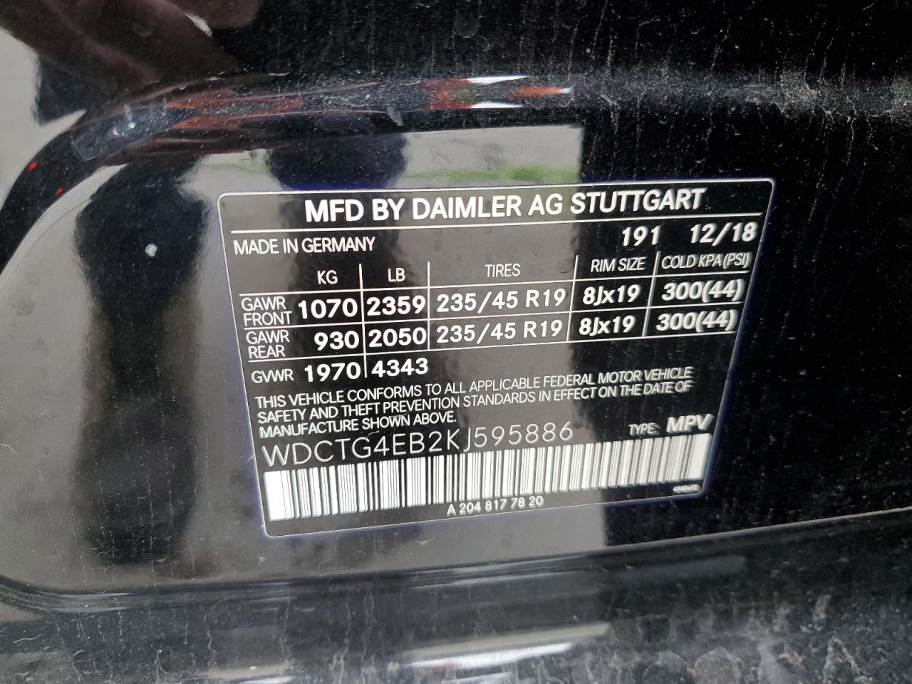 2019 Mercedes-Benz Gla 250 2.0L(VIN: WDCTG4EB2KJ595886