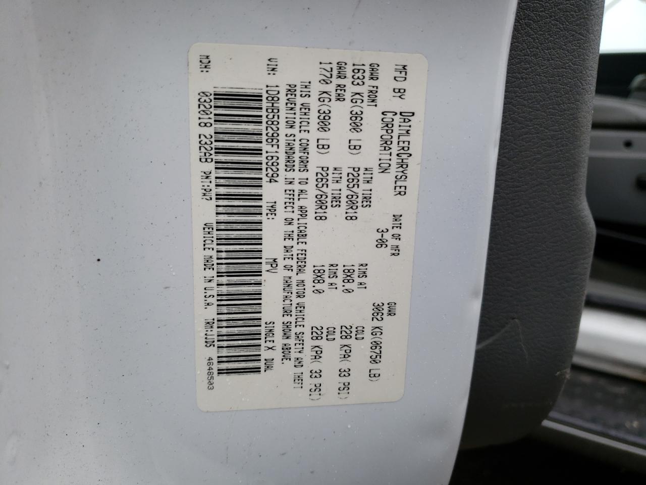 1d8hb58296f169294 1D8HB58296F169294 2006 Dodge Durango Limited