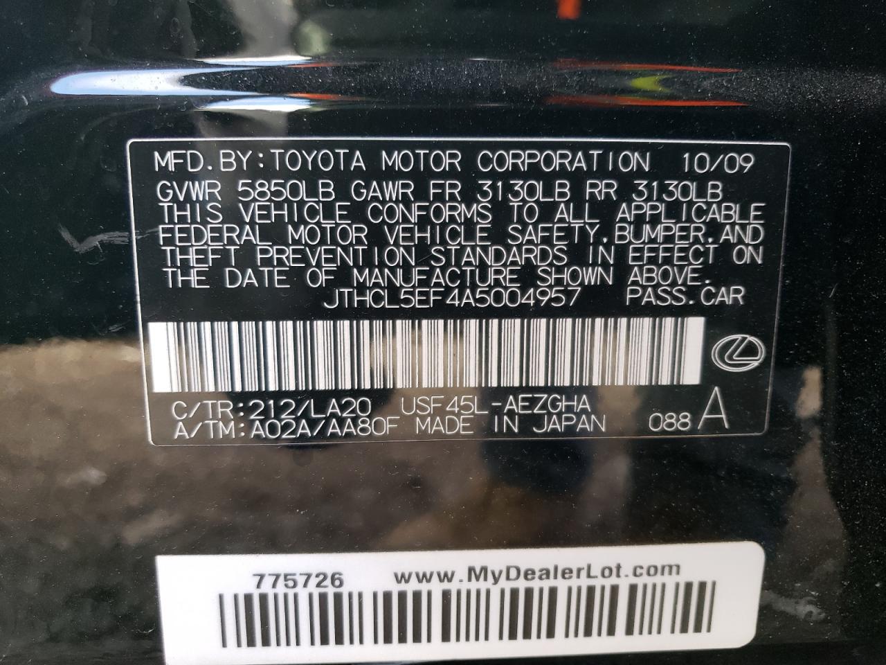 JTHCL5EF4A5004957 2010 Lexus Ls 460