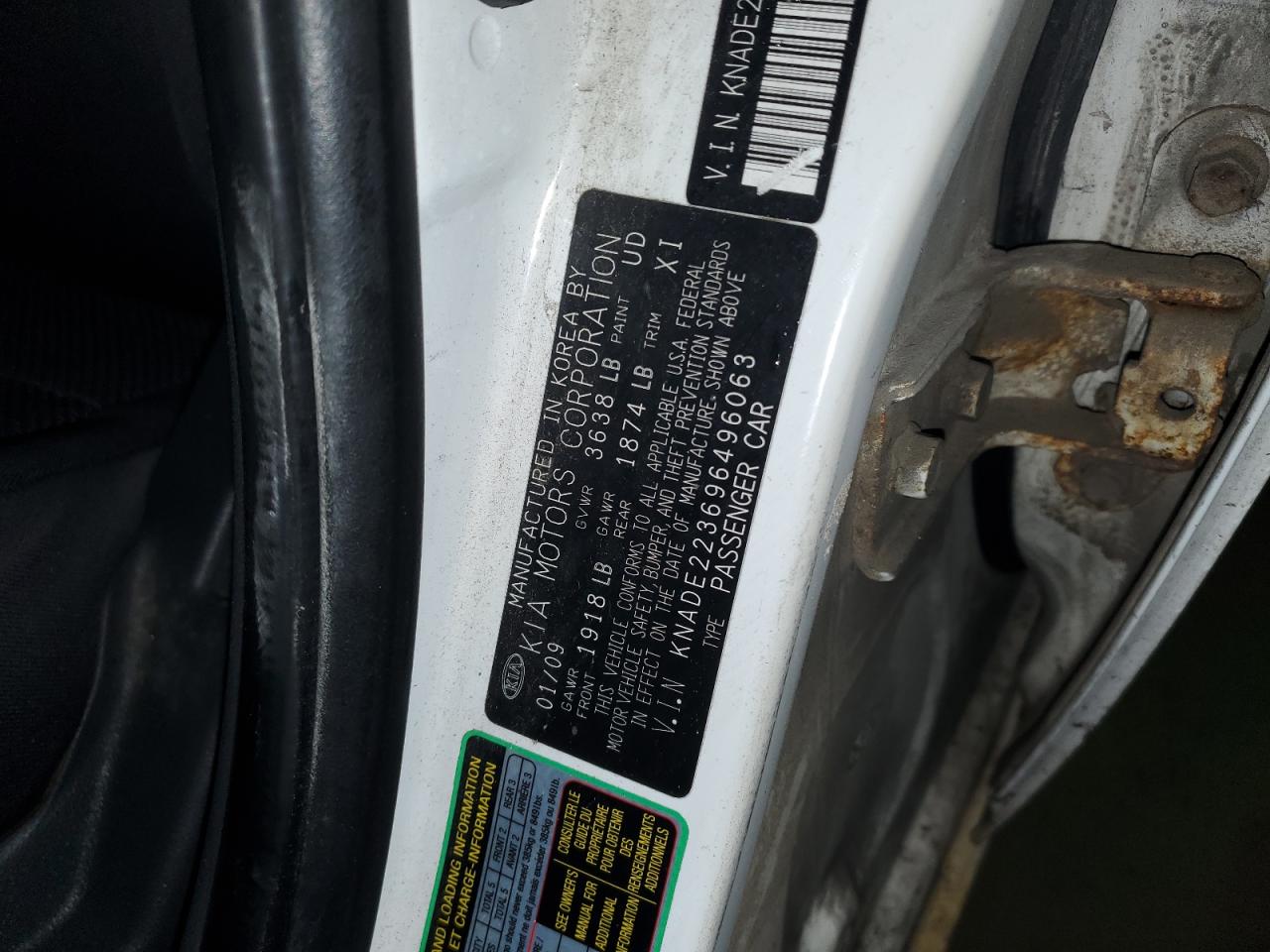 KNADE223696496063 2009 Kia Rio Base
