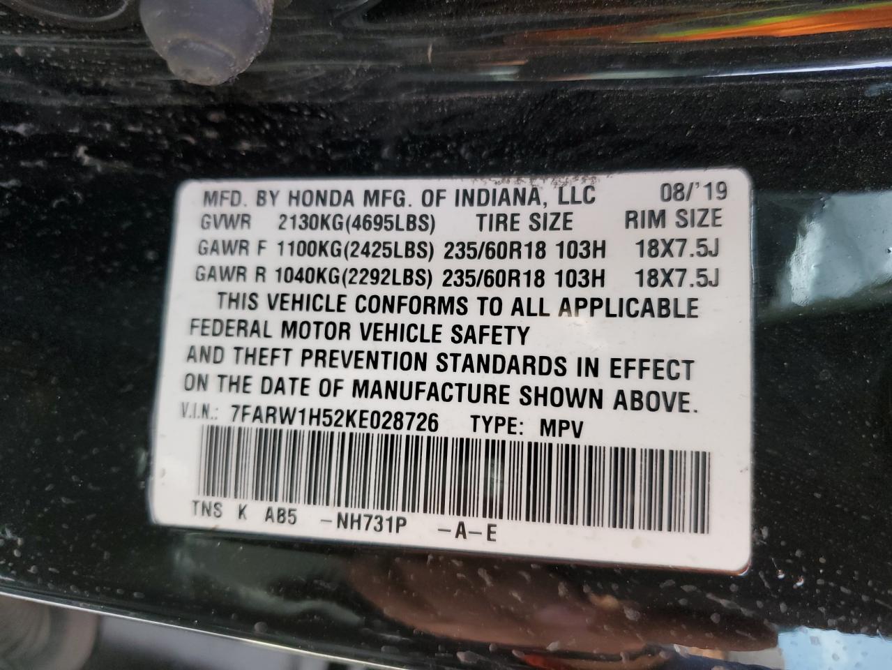 7farw1h52ke028726 7FARW1H52KE028726 2019 Honda Cr-V Ex