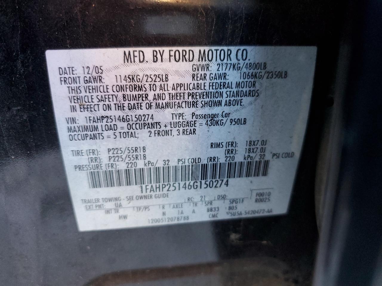 1FAHP25146G150274 2006 Ford Five Hundred Limited