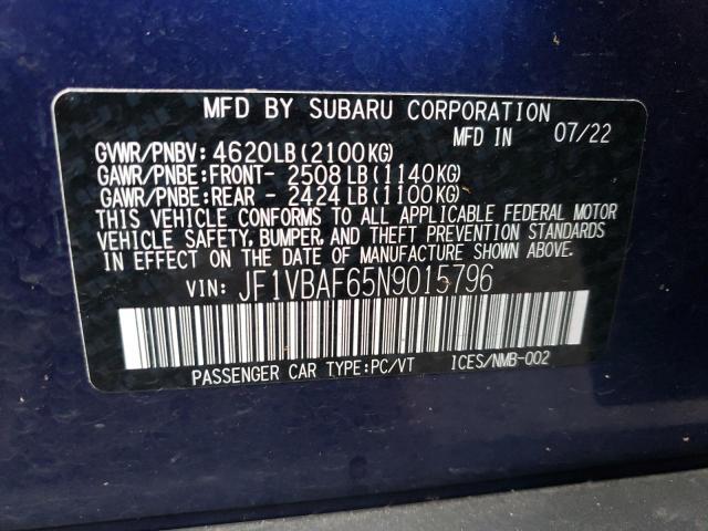 JF1VBAF65N9015796 | 2022 SUBARU WRX PREMIU