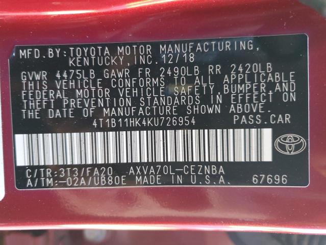 4T1B11HK4KU726954 | 2019 TOYOTA CAMRY L