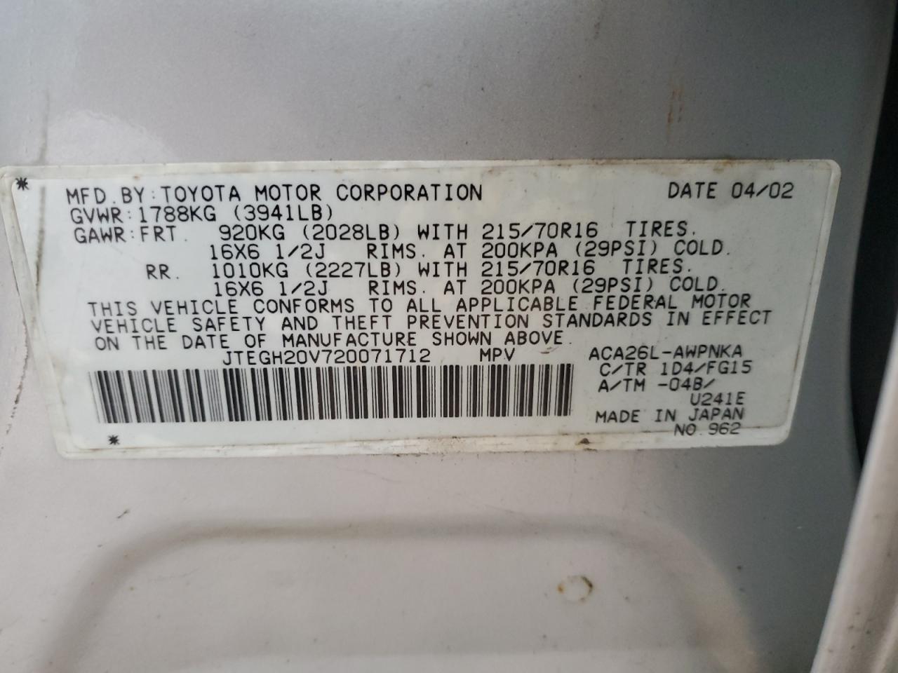 jtegh20v720071712 JTEGH20V720071712 2002 Toyota Rav4