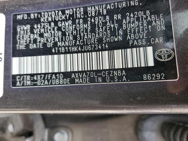 4T1B11HK4JU673414 | 2018 TOYOTA CAMRY L