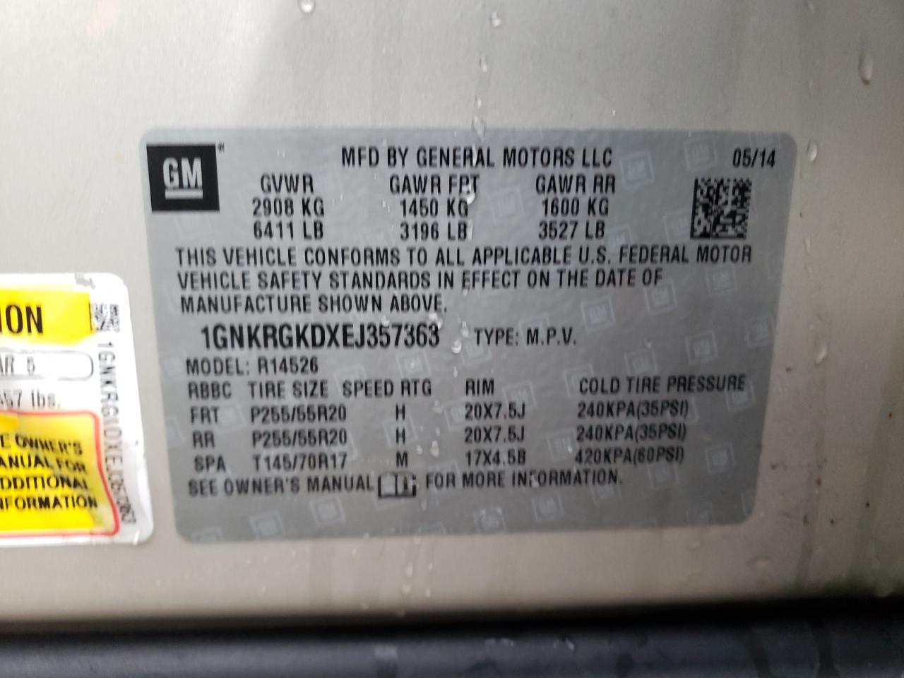 1GNKRGKDXEJ357363 2014 Chevrolet Traverse Lt