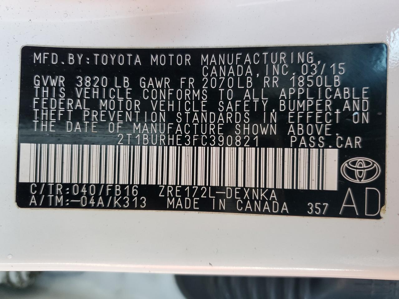 2t1burhe3fc390821 2T1BURHE3FC390821 2015 Toyota Corolla L