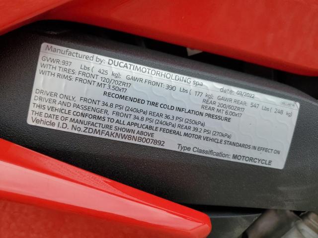 2022 DUCATI STREETFIGH ZDMFAKNW8NB007892