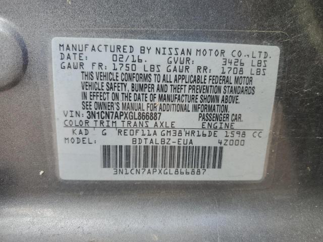 3N1CN7APXGL866887 | 2016 NISSAN VERSA S