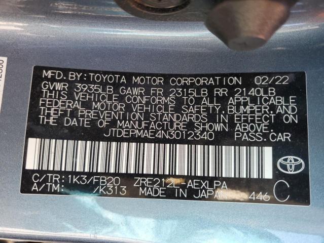 JTDEPMAE4N3012340 | 2022 TOYOTA COROLLA LE