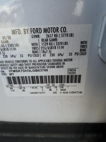 2020 Ford Explorer Xlt VIN: 1FMSK7DH3LGB63700 Lot: 77361713