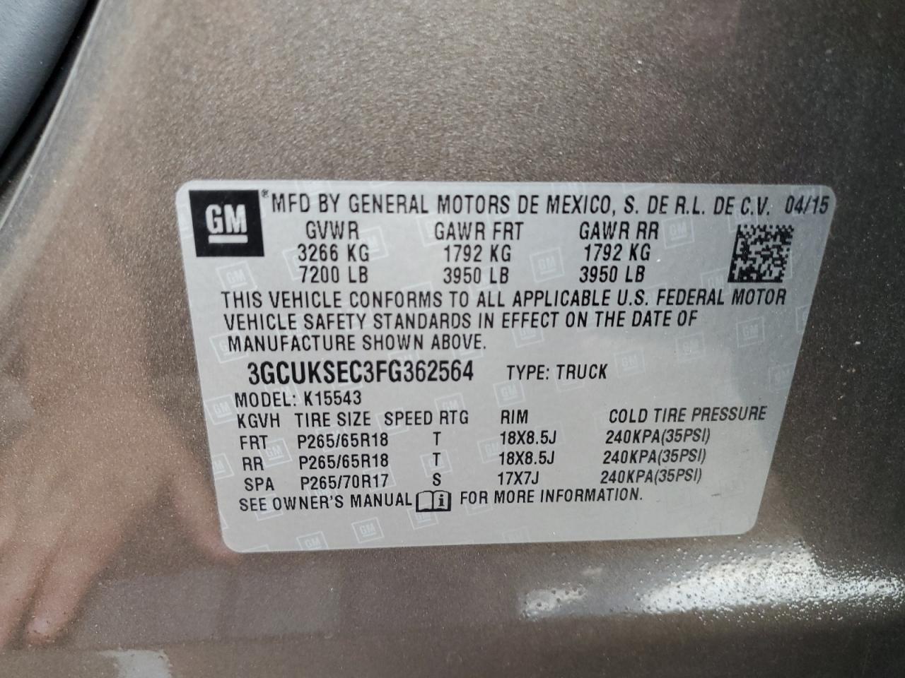 3GCUKSEC3FG362564 2015 Chevrolet Silverado K1500 Ltz