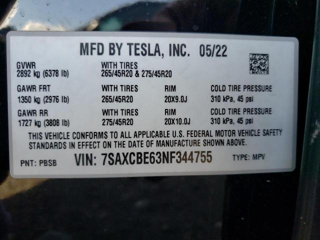 7SAXCBE63NF344755 | 2022 TESLA MODEL X