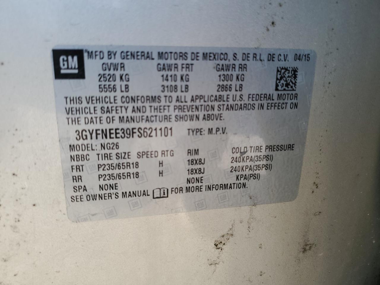 3GYFNEE39FS621101 2015 Cadillac Srx Luxury Collection