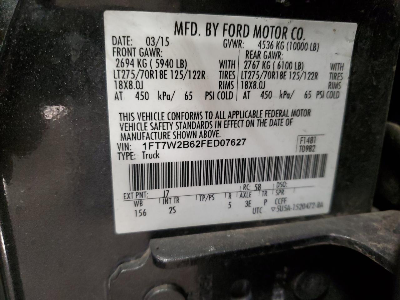 1FT7W2B62FED07627 2015 Ford F250 Super Duty