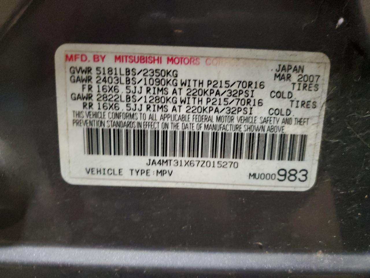 JA4MT31X67Z015270 2007 Mitsubishi Outlander Ls