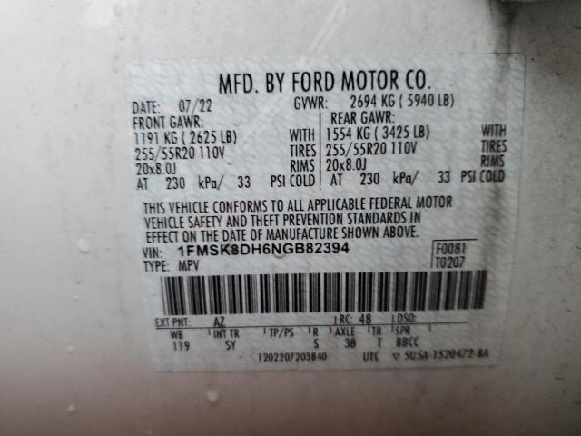 1FMSK8DH6NGB82394 | 2022 FORD EXPLORER X