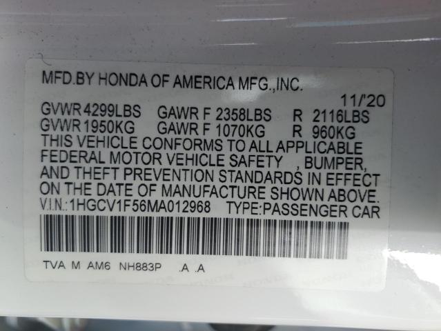 1HGCV1F56MA012968 | 2021 HONDA ACCORD EXL