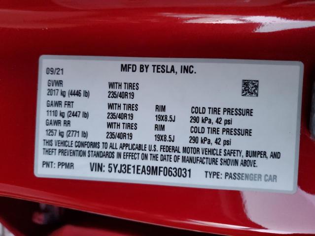 5YJ3E1EA9MF063031 | 2021 TESLA MODEL 3