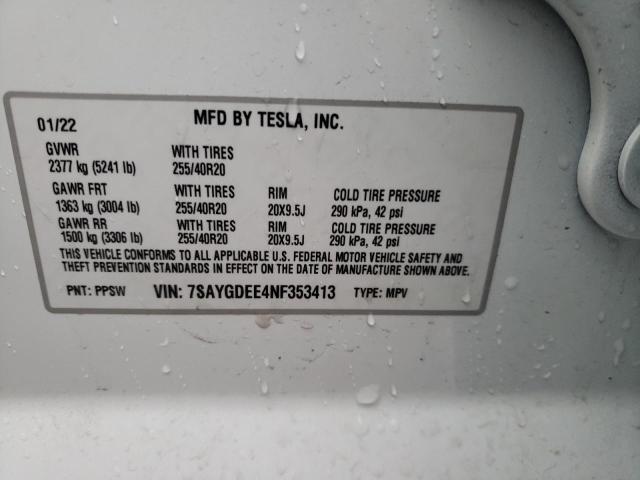 7SAYGDEE4NF353413 | 2022 TESLA MODEL Y