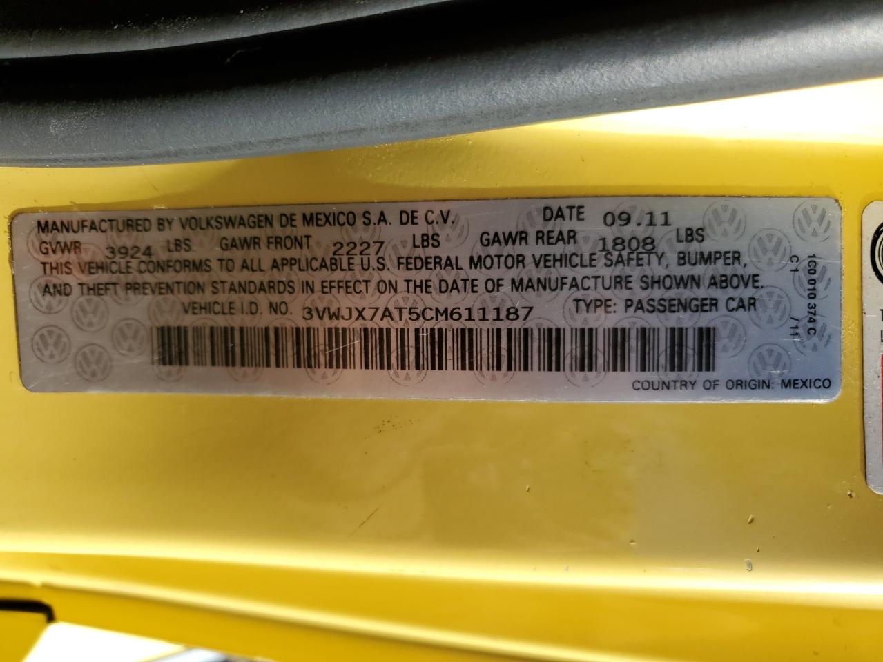 3VWJX7AT5CM611187 2012 Volkswagen Beetle