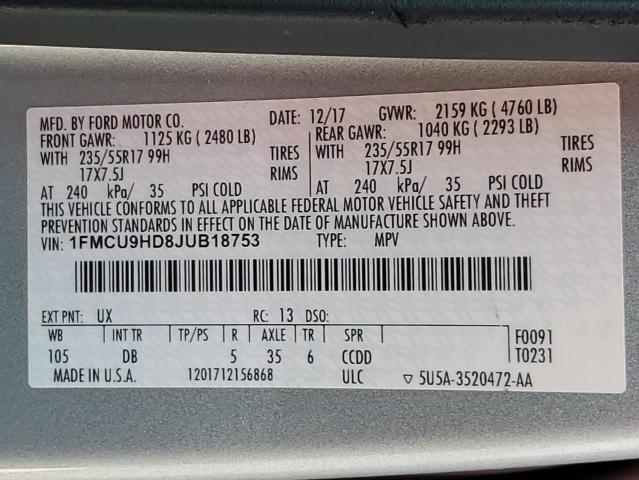 1FMCU9HD8JUB18753 2018 FORD ESCAPE, photo no. 13