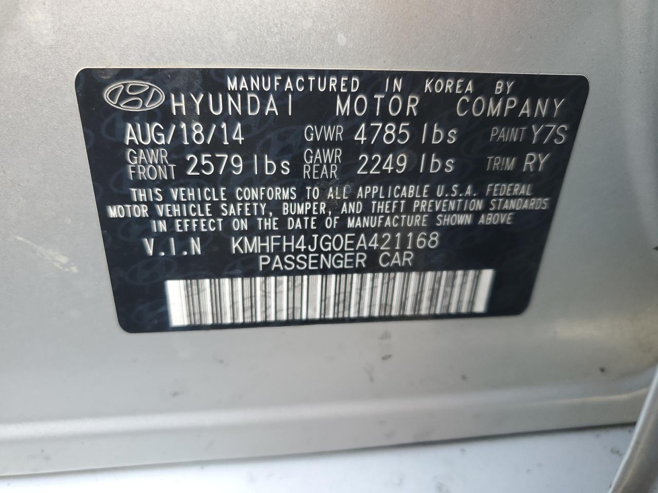 kmhfh4jg0ea421168 KMHFH4JG0EA421168 2014 Hyundai Azera Gls