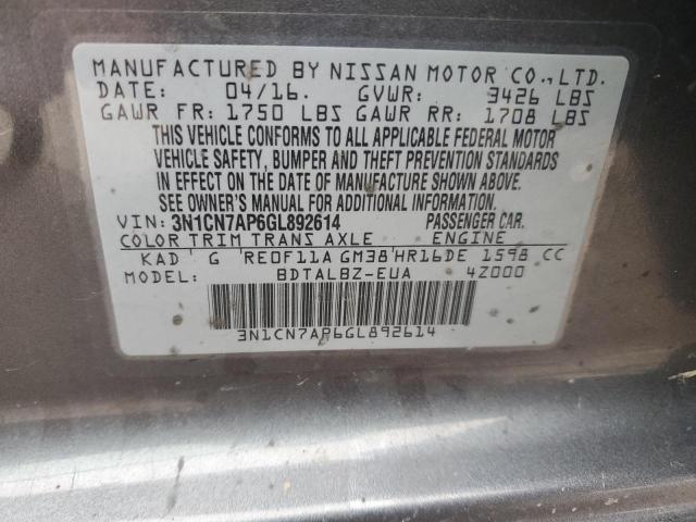 3N1CN7AP6GL892614 | 2016 NISSAN SENTRA S