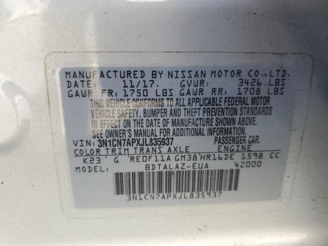 3N1CN7APXJL835937 | 2018 NISSAN VERSA S