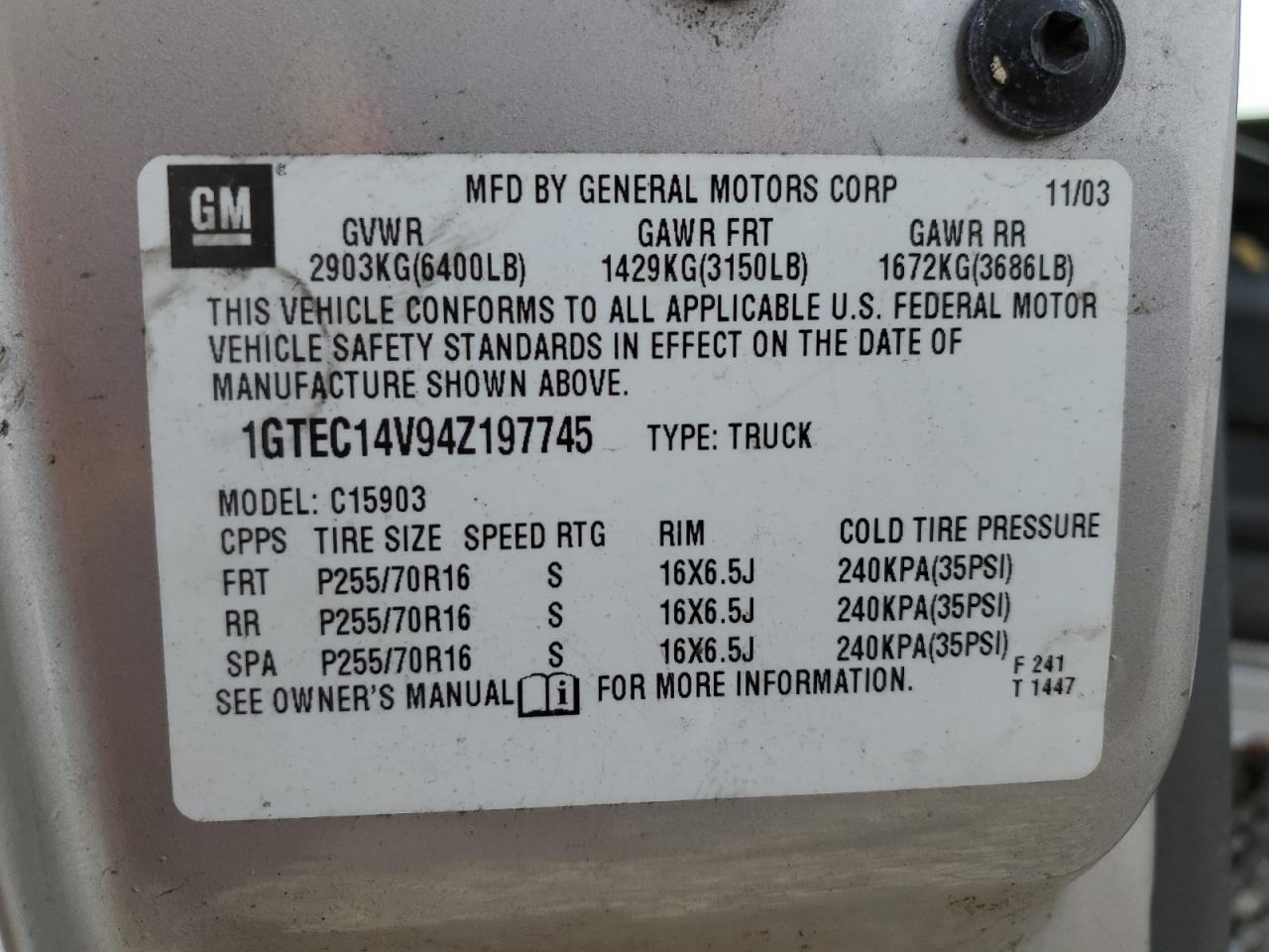 1GTEC14V94Z197745 2004 GMC New Sierra C1500