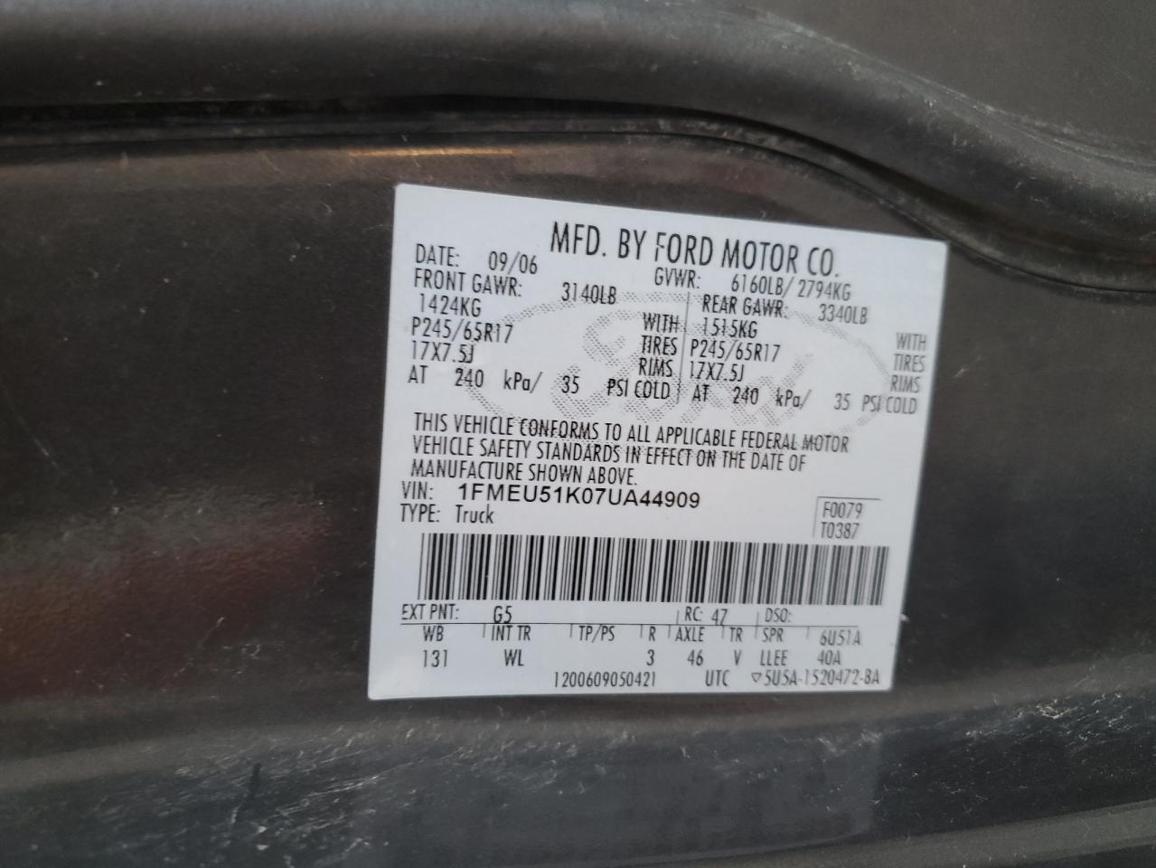 1FMEU51K07UA44909 2007 Ford Explorer Sport Trac Xlt