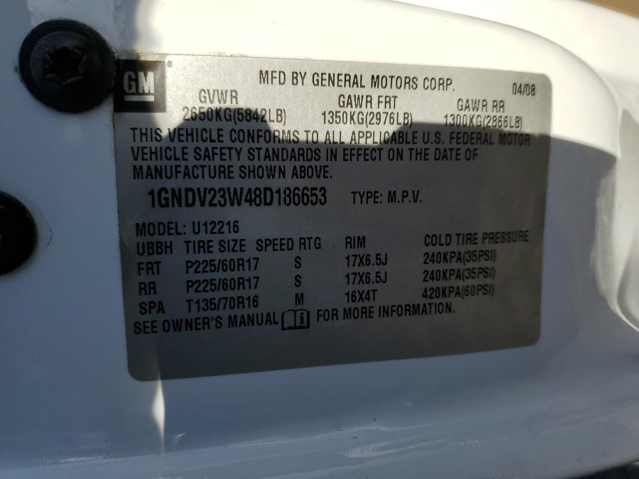 1GNDV23W48D186653 2008 Chevrolet Uplander Ls