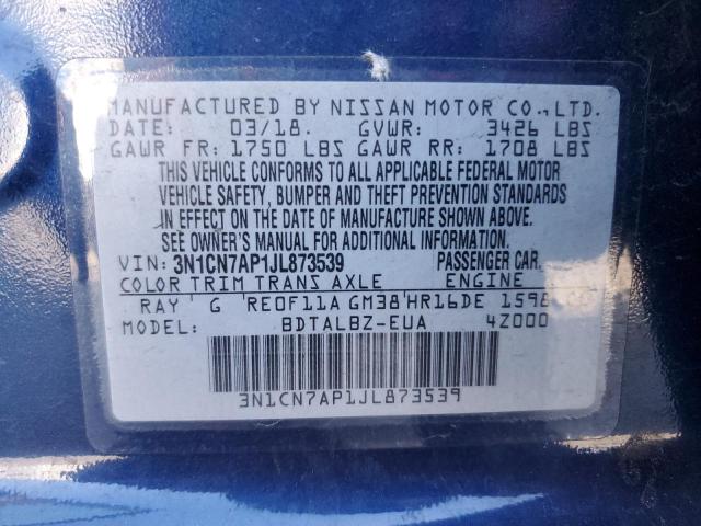 3N1CN7AP1JL873539 | 2018 NISSAN VERSA S