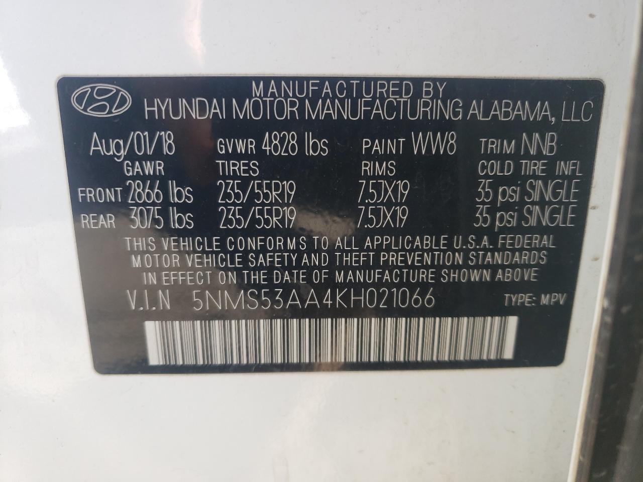 5NMS53AA4KH021066 2019 Hyundai Santa Fe Limited