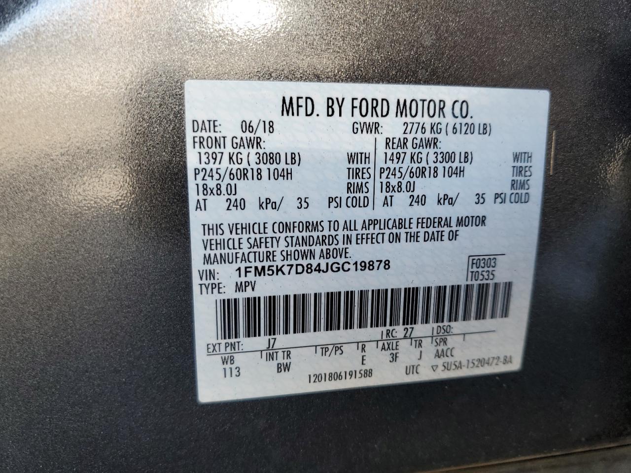 VIN: 1FM5K7D84JGC19878 2018 FORD EXPLORER