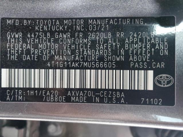 4T1G11AK7MU566605 | 2021 TOYOTA CAMRY SE