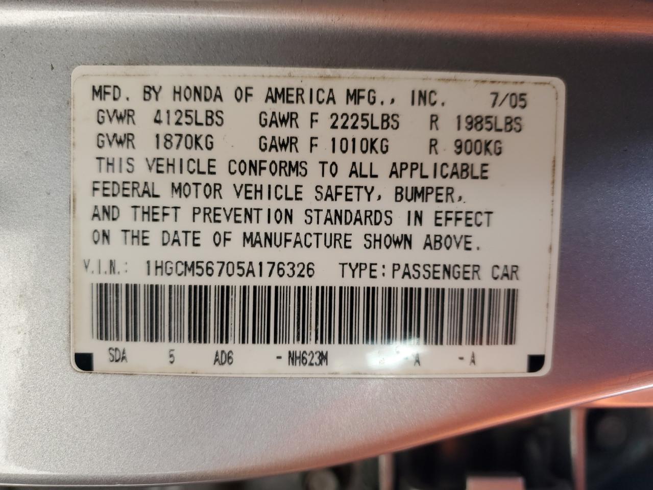 1hgcm56705a176326 1HGCM56705A176326 2005 Honda Accord Ex