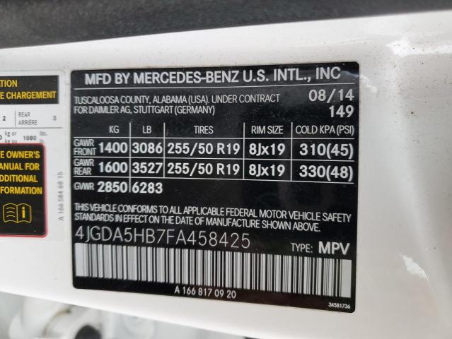 VIN 4JGDA5HB7FA458425 2015 Mercedes-Benz ML-Class, ... no.12