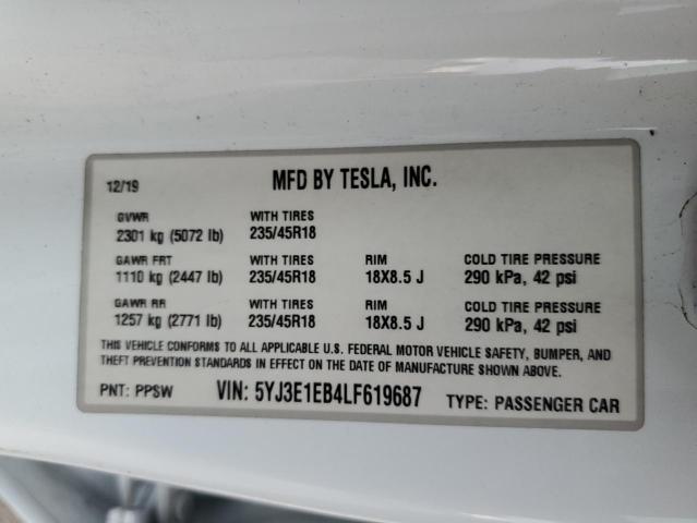 5YJ3E1EB4LF619687 | 2020 TESLA MODEL 3