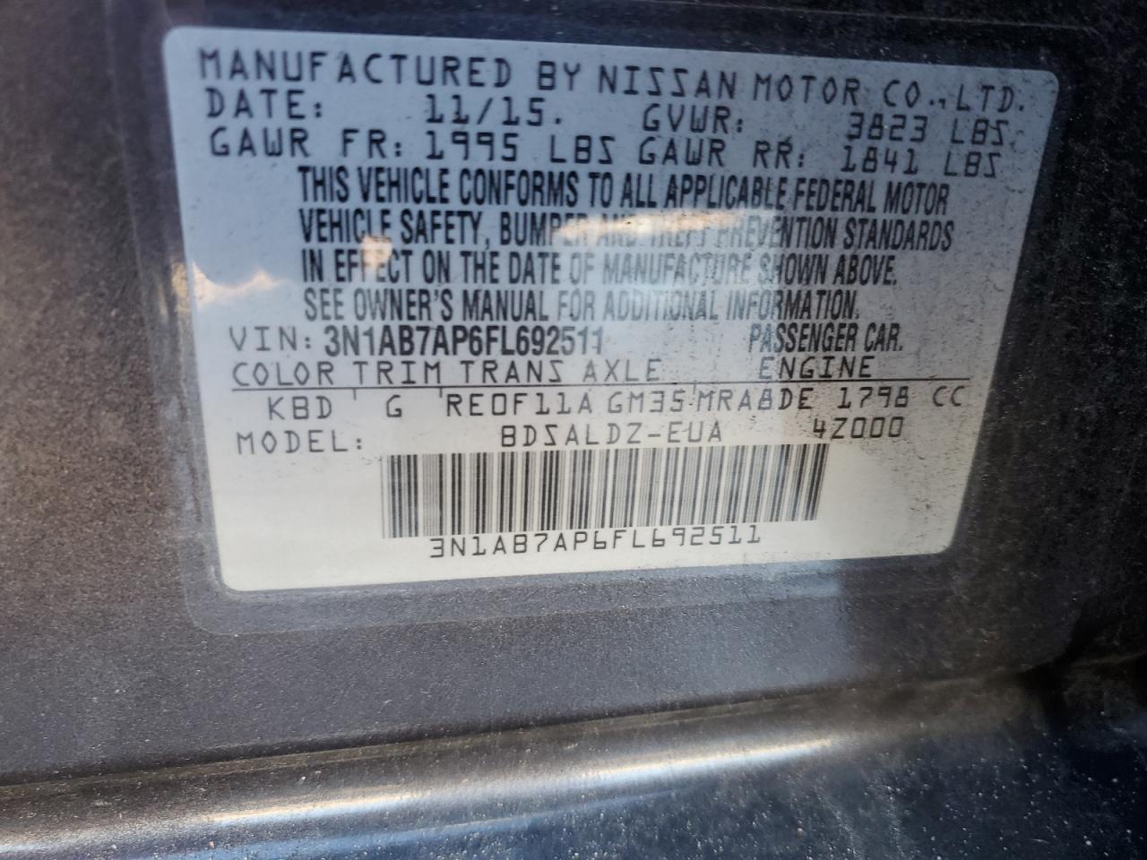 3N1AB7AP6FL692511 2015 Nissan Sentra S