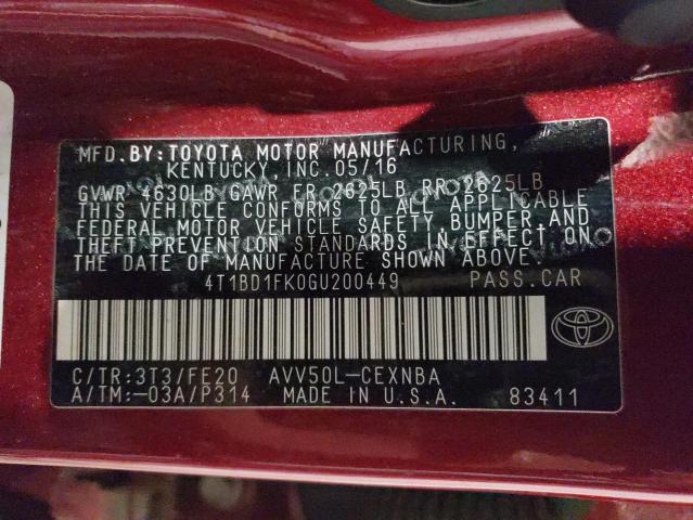 2016 TOYOTA CAMRY HYBR - 4T1BD1FK0GU200449