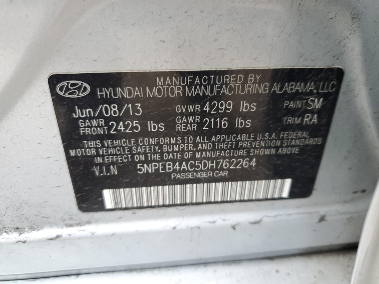 5NPEB4AC5DH762264 2013 Hyundai Sonata Gls