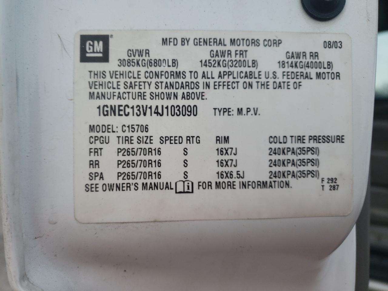 1GNEC13V14J103090 2004 Chevrolet Tahoe C1500