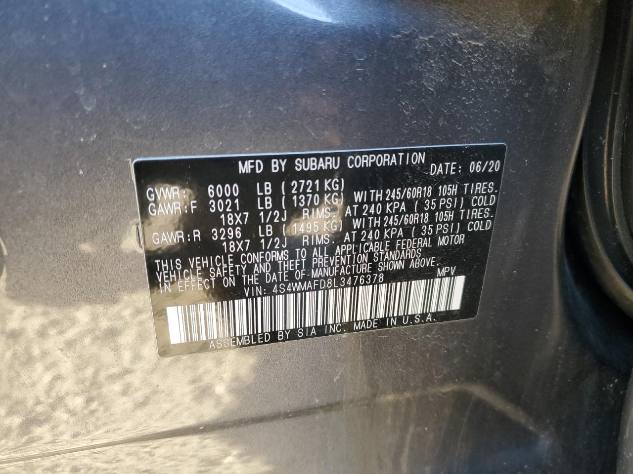 4S4WMAFD8L3476378 2020 Subaru Ascent Premium