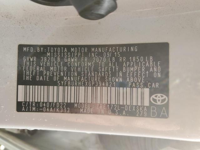 5YFBURHEXGP394821 | 2016 TOYOTA COROLLA L